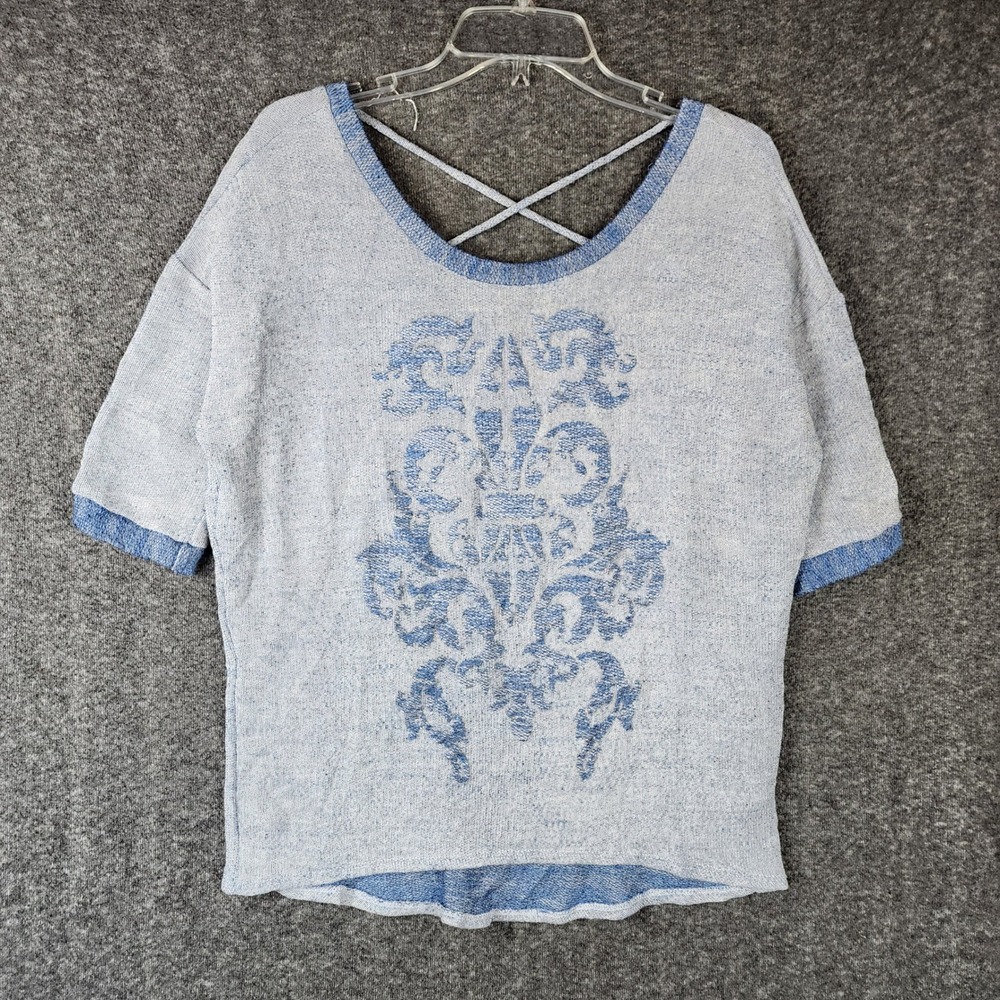 Blu Pepper Top Womens Medium DB3184 Blue Graphic Crisscross Back EUC